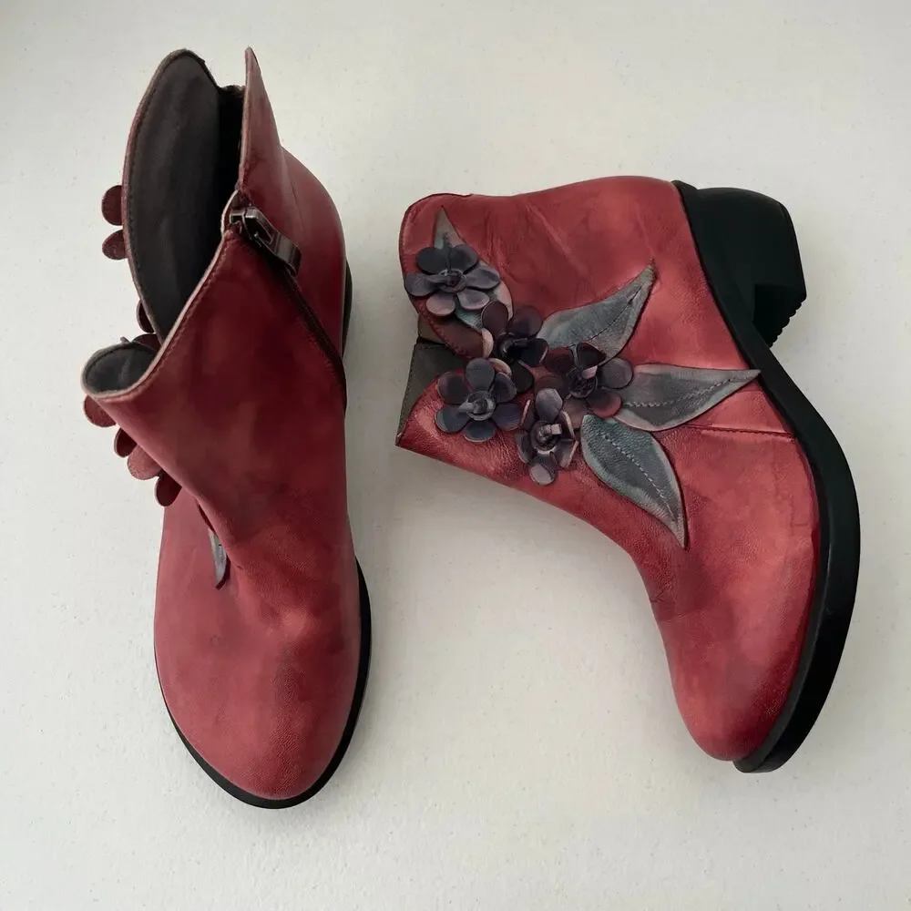 Socofy Rose Handmade Leather Ankle Boots 3D Floral Applique Artsy Size 40/9-9.5